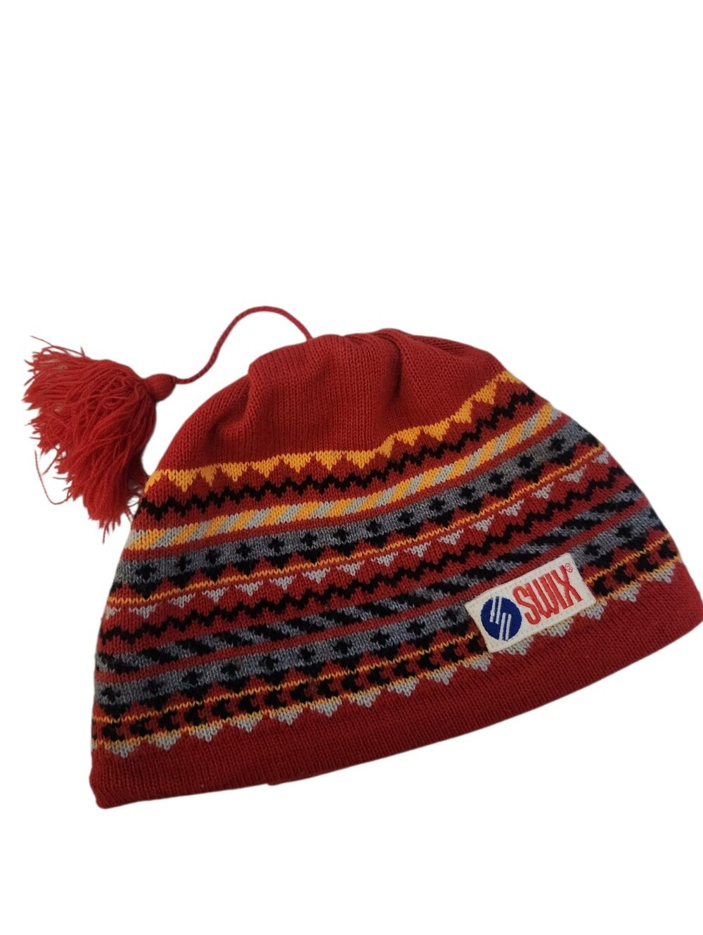 Swix Hat Knit Cap Beanie Red Fair Isle Tassel Winter Snow Warm One Size
